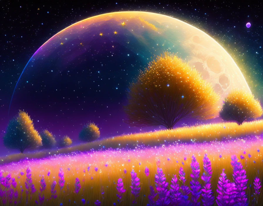 Surreal landscape with glowing trees, purple flora, and oversized moon