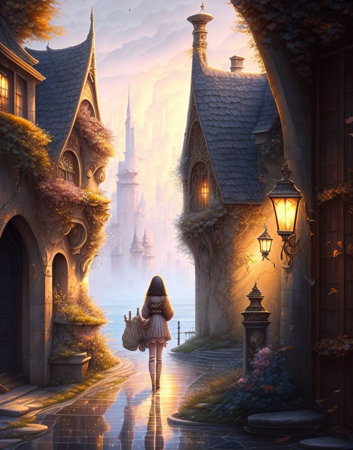 Girl with basket in enchanted village with fairy-tale houses and castle at dusk