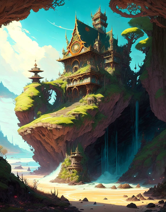 Ethereal fantasy landscape with elaborate treehouse, waterfalls, lush greenery, and tranquil sea