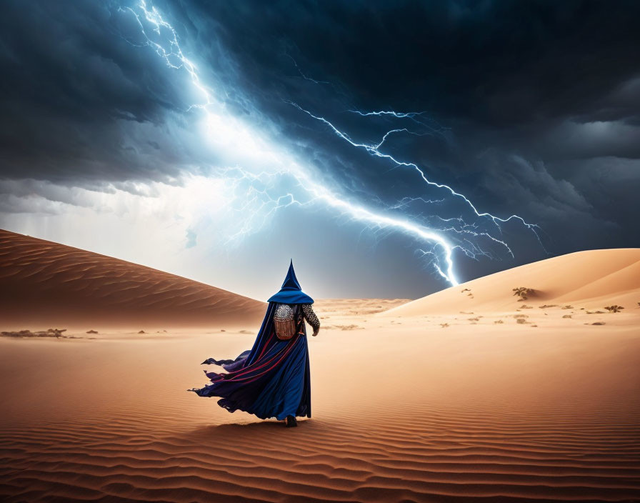 Wizard in costume on desert dune under stormy sky with lightning bolts