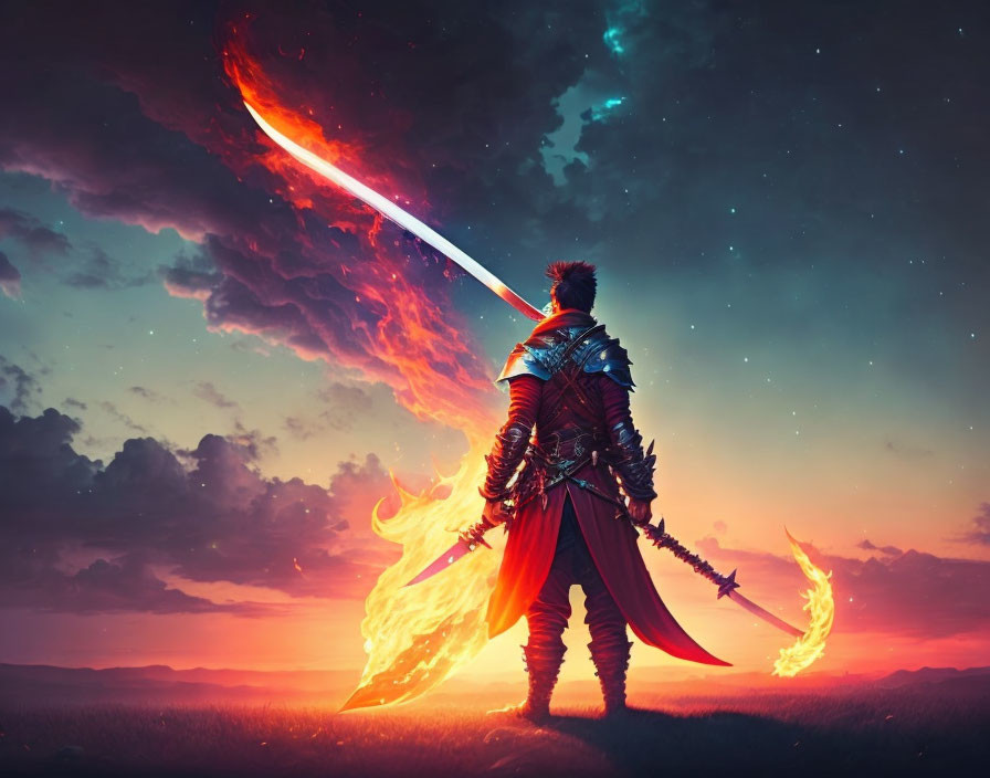 Warrior in armor with flaming sword under twilight sky and stars.