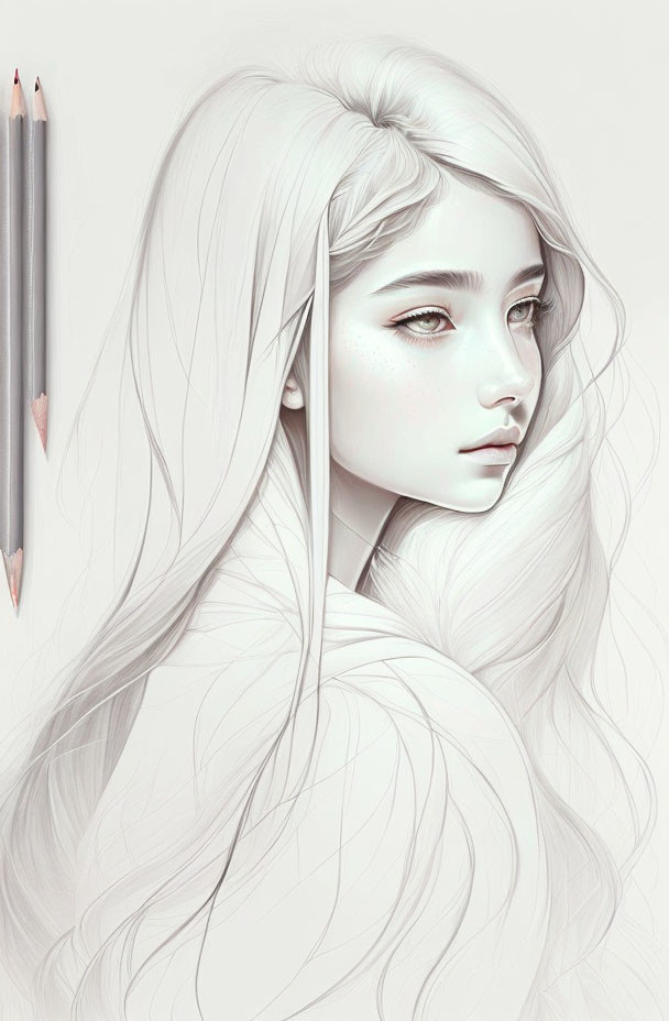 Monochrome illustration of a pensive young elf with flowing hair and pointed ears.