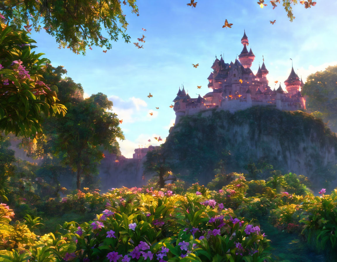 Castle on Cliff with Lush Gardens and Butterflies