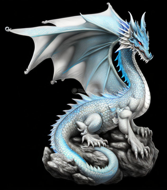 Blue and White Dragon with Large Wings and Spikes Resting on Gray Rock