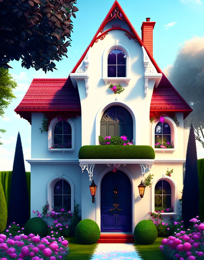 Colorful two-story house with pointed roof surrounded by flowers and greenery under blue sky