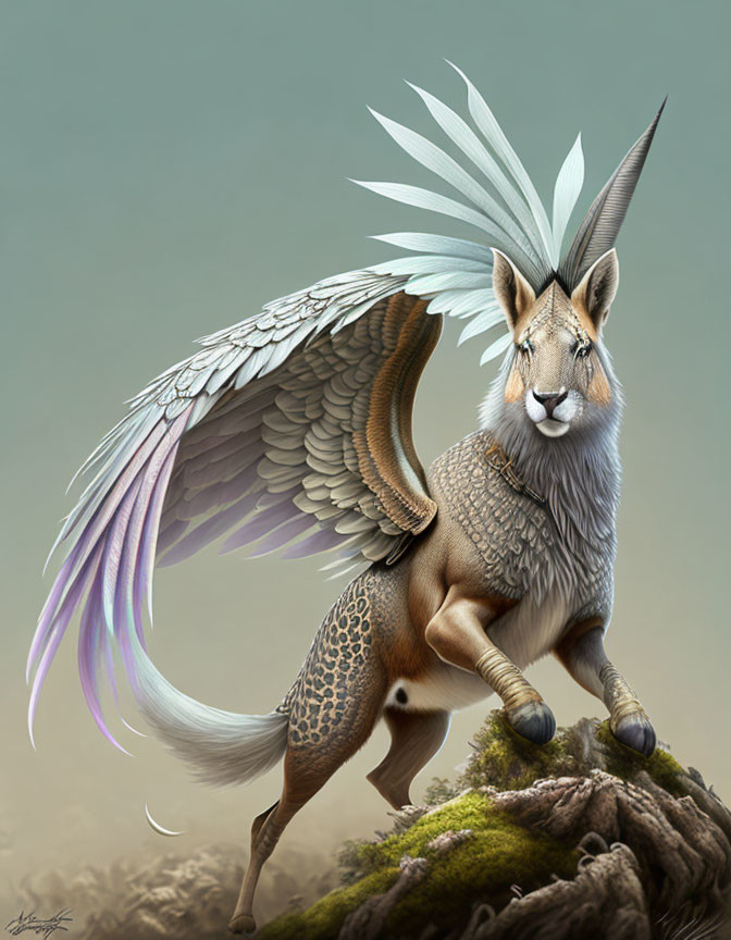 Mythical creature with kangaroo body, bird wings, and antelope horns on rock.