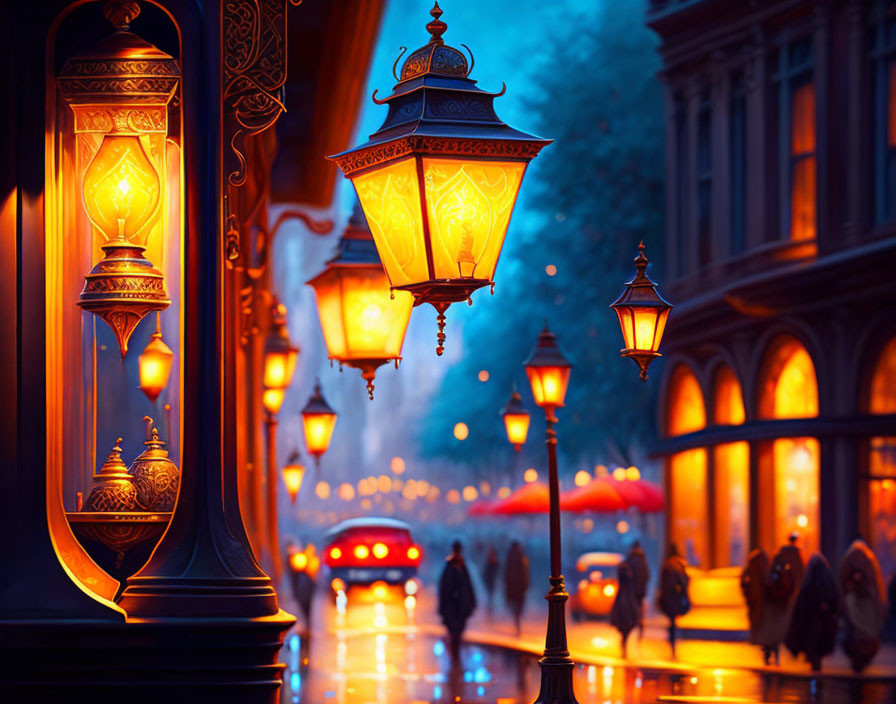 Ornate lanterns illuminate evening street scene with silhouetted figures.