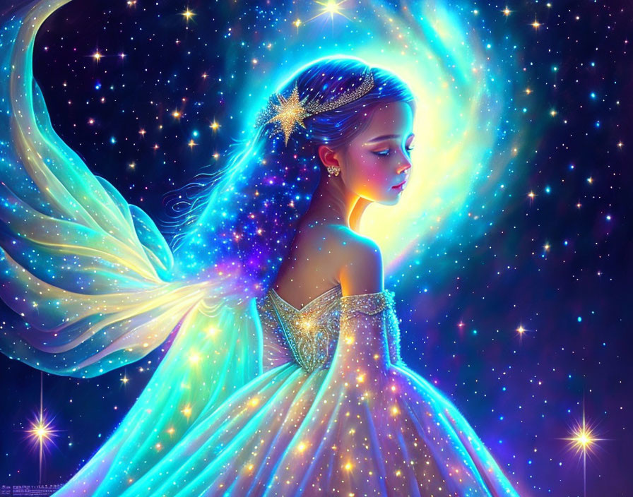 Colorful fairy with gossamer wings in cosmic setting