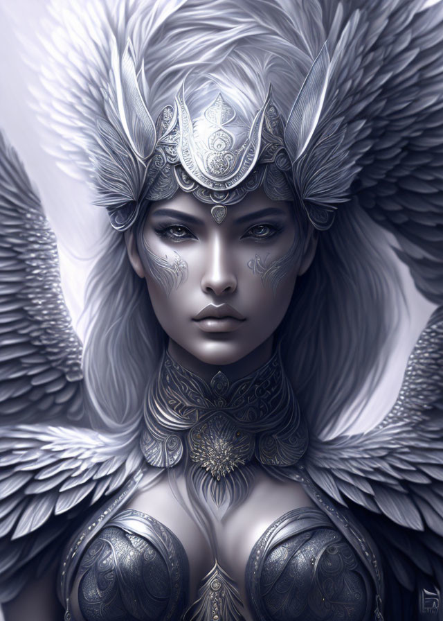 Monochromatic female figure in silver armor with feathered wings