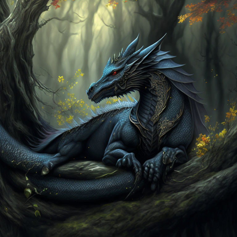 Blue dragon in mystical forest with autumn leaves and yellow flowers