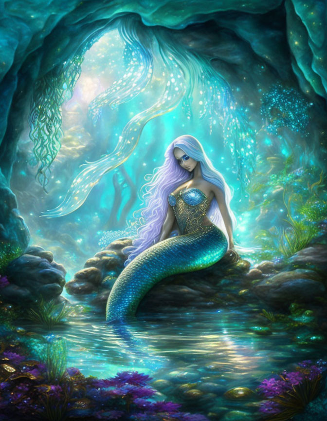 Mystical mermaid with purple hair in aquatic cave surrounded by marine flora