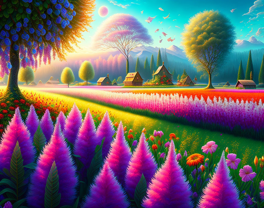 Colorful landscape with blooming flowers, lush trees, quaint houses, radiant sunset