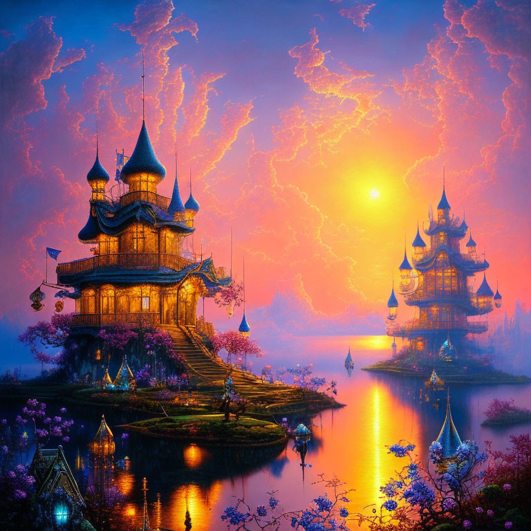 Majestic castles in vibrant fantasy landscape