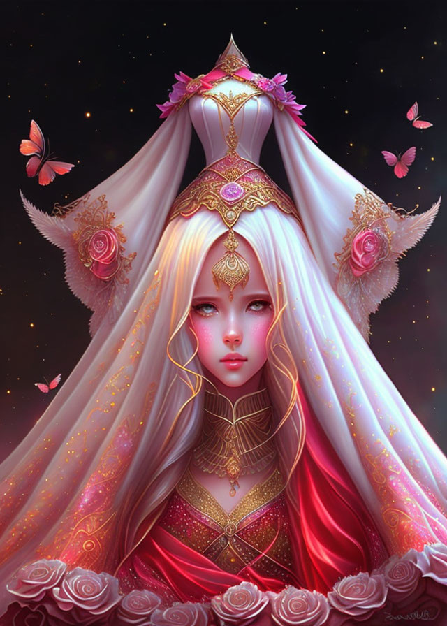 Fantasy figure: pale skin, white hair, golden headpiece, pink cloak with butterflies