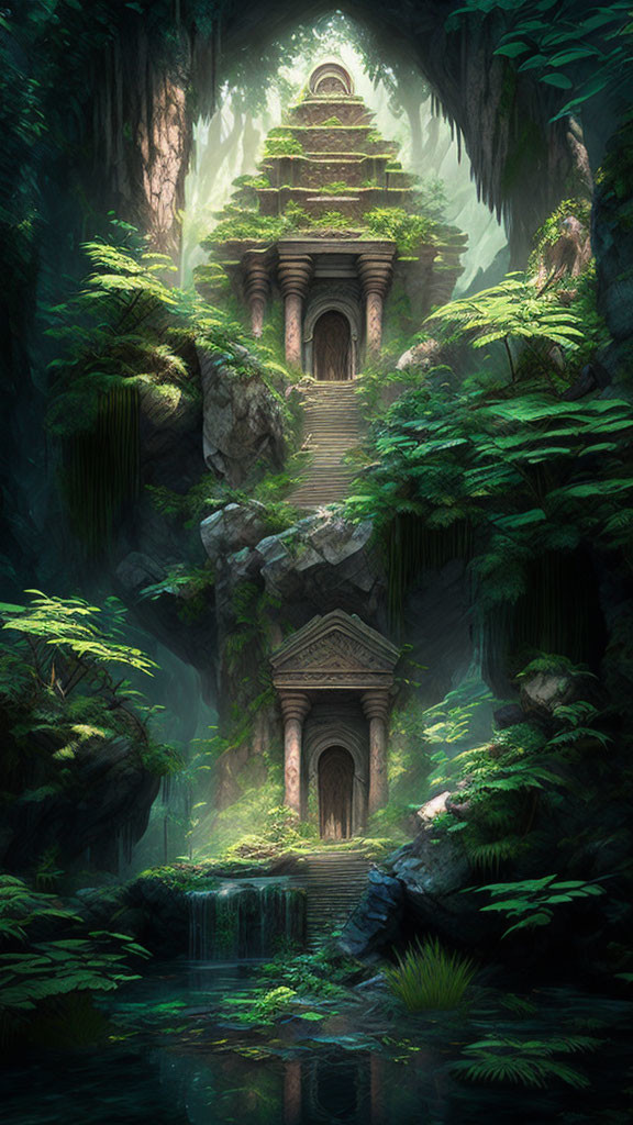 Ancient Temple in Lush Forest with Stream and Ethereal Light