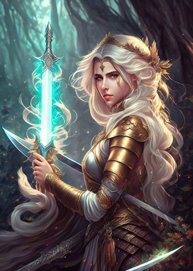 Armored elven warrior with glowing sword in mystical forest