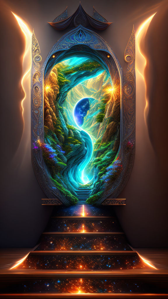 Mystical portal with glowing edges to vibrant whimsical landscape