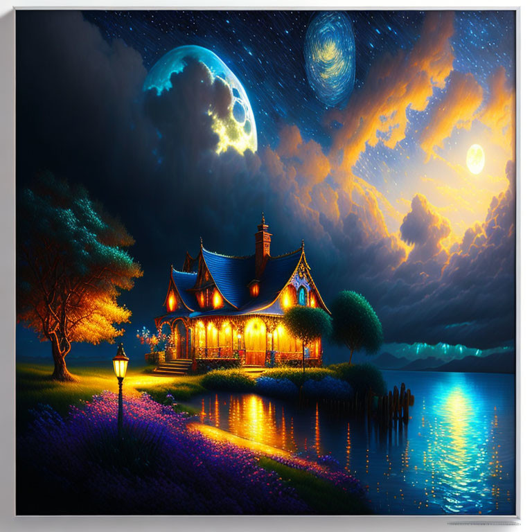 Enchanting nighttime landscape with glowing cottage by serene lake