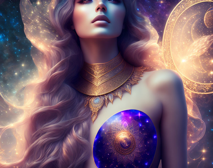 Digital Artwork: Woman with Celestial Elements and Glowing Orb