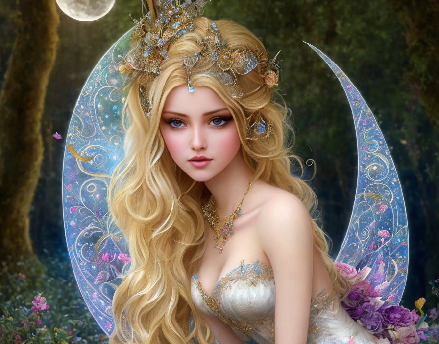 Blonde fantasy figure with golden headdress and blue wings in mystical forest