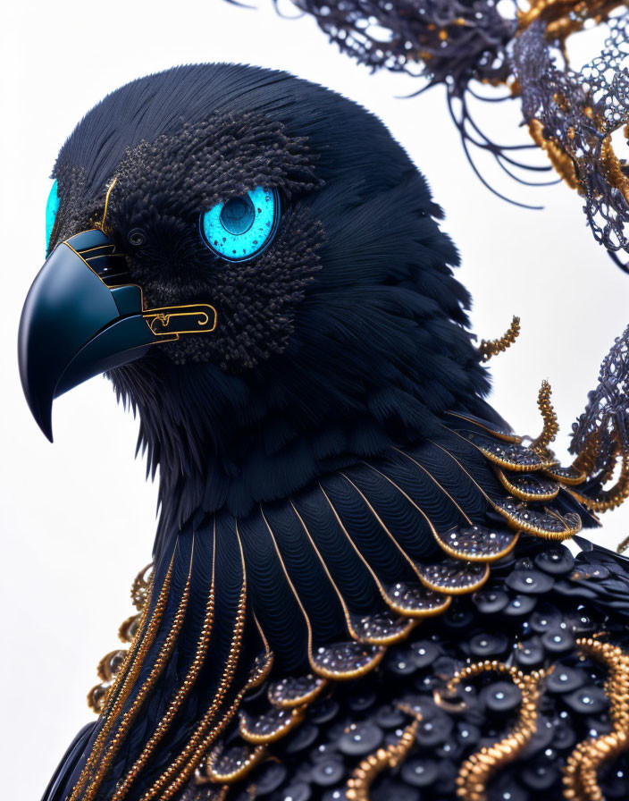 Detailed Mechanical Eagle with Golden Designs and Blue Eyes on White Background