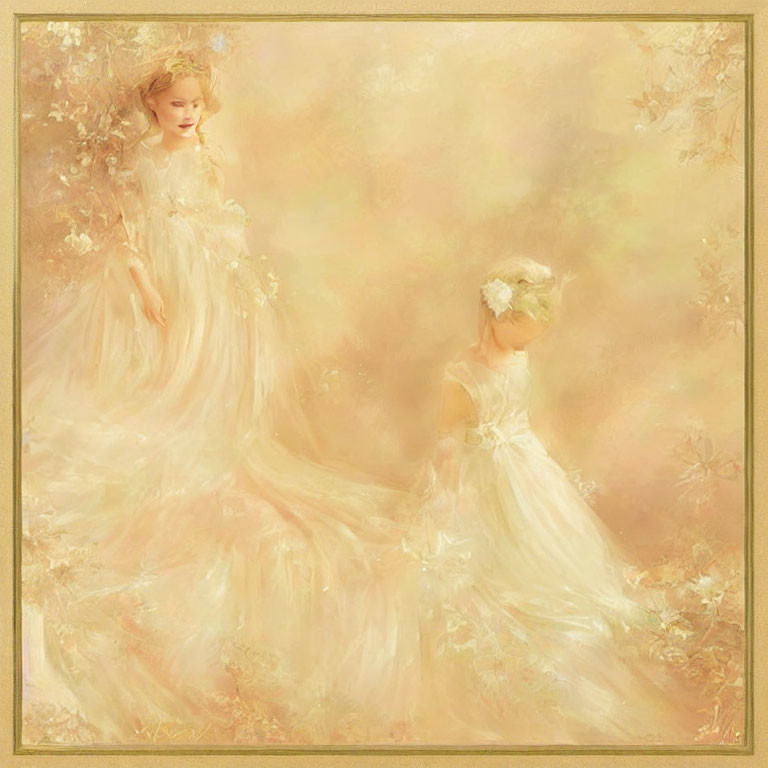 Ethereal girls in white dresses with golden floral backdrop