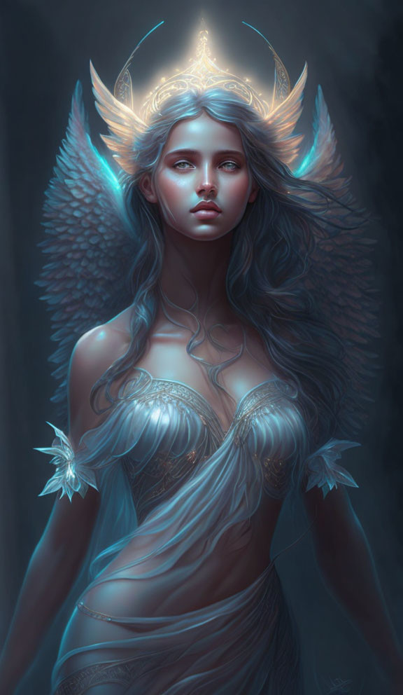 Ethereal fantasy woman with glowing wings and crown in a mystical setting