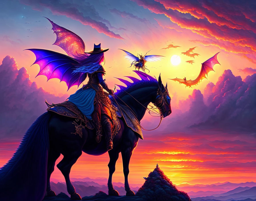 Knight on Horse with Bat Wings in Dragon-filled Sunset Scene