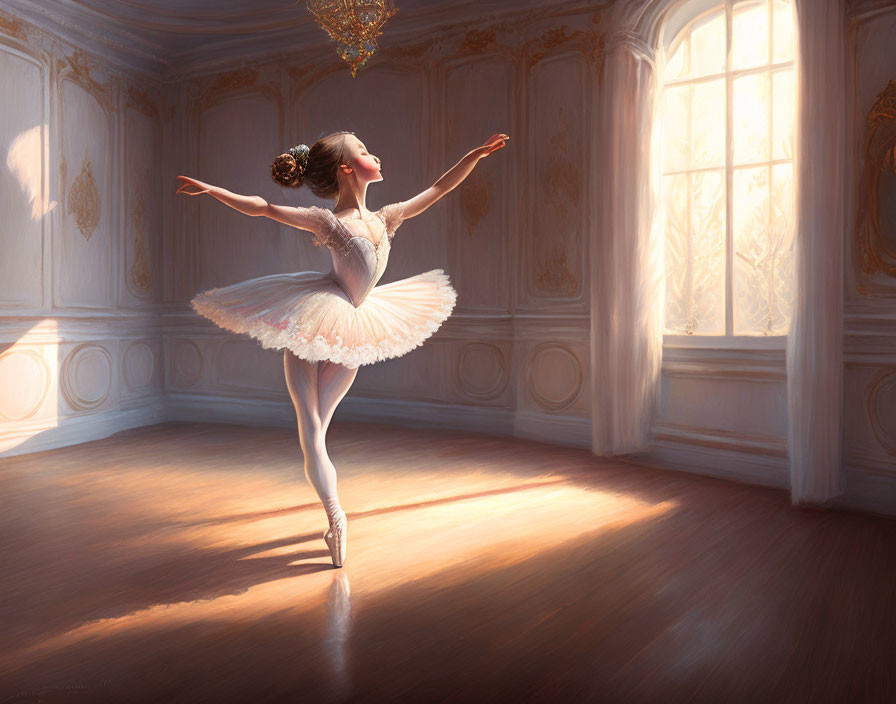 Elegant ballet dancer in white tutu performs in ornate dance studio