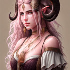 Fantasy illustration of woman with purple hair, ram horns, floral dress, and mystical forehead jewel