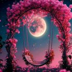 Night scene with full moon, blossoming trees, swing, and ground lights.