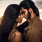 Animated characters with long, dark hair in ornate clothing share a tender moment against dusky sky.