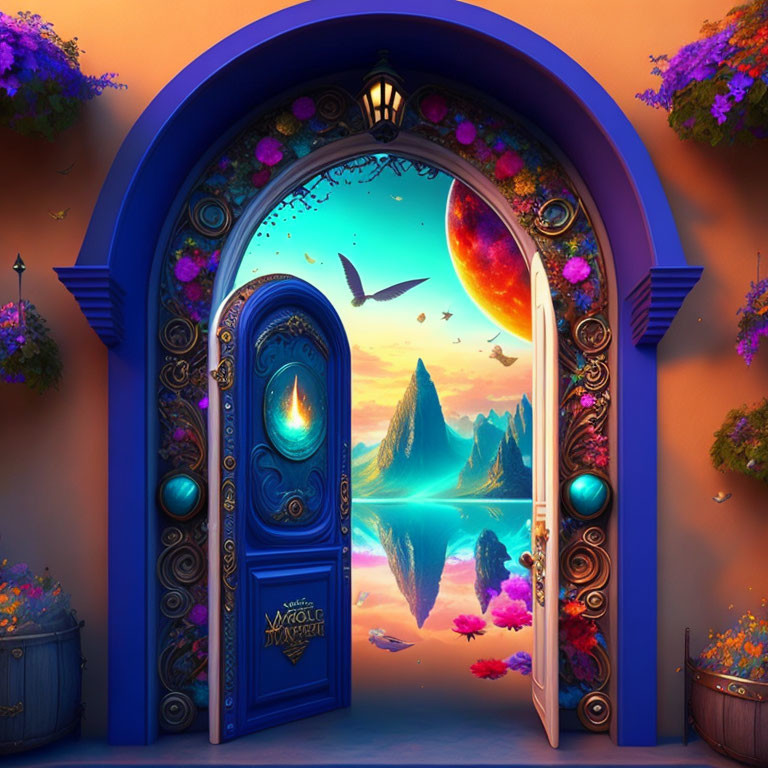 Vibrant fantastical landscape with ornate blue door & floating islands