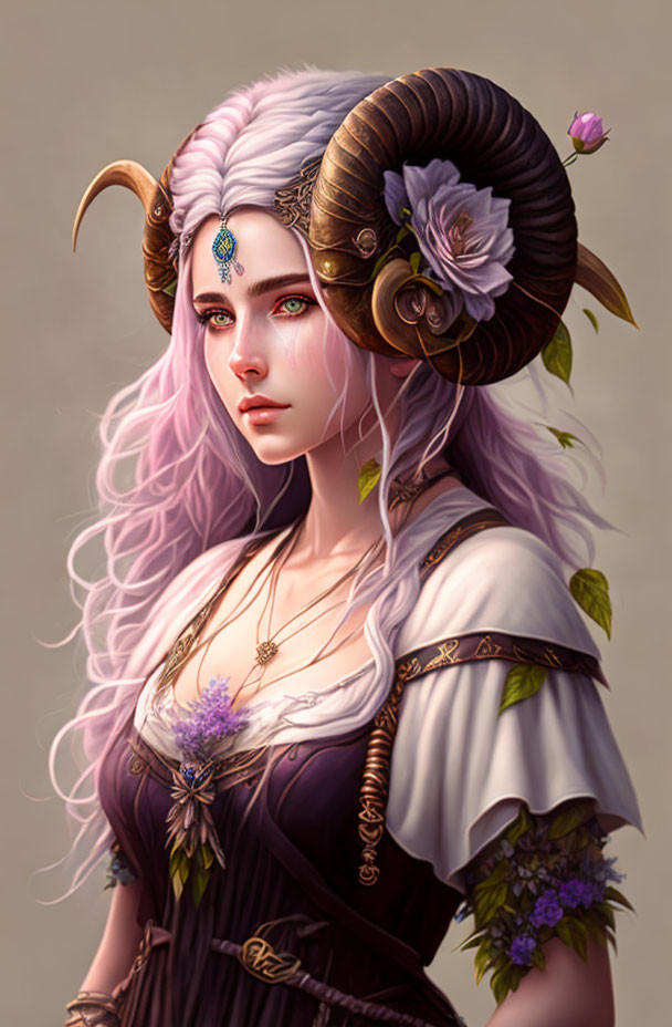 Fantasy illustration of woman with purple hair, ram horns, floral dress, and mystical forehead jewel