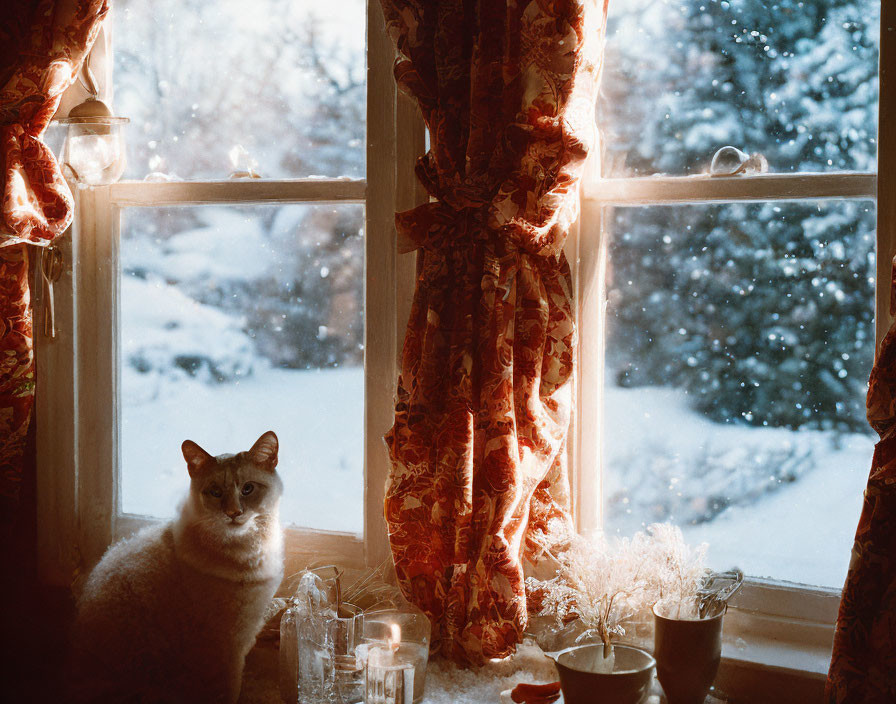 Cat sitting by candle on snowy windowsill with red curtains