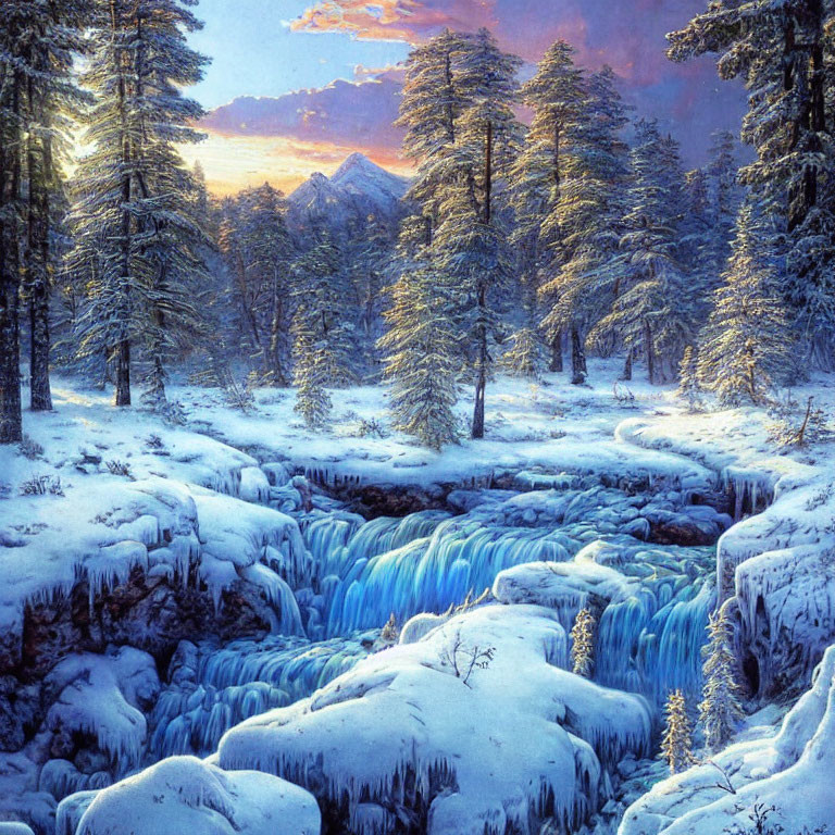 Snow-covered trees and frozen river in serene winter landscape at sunset