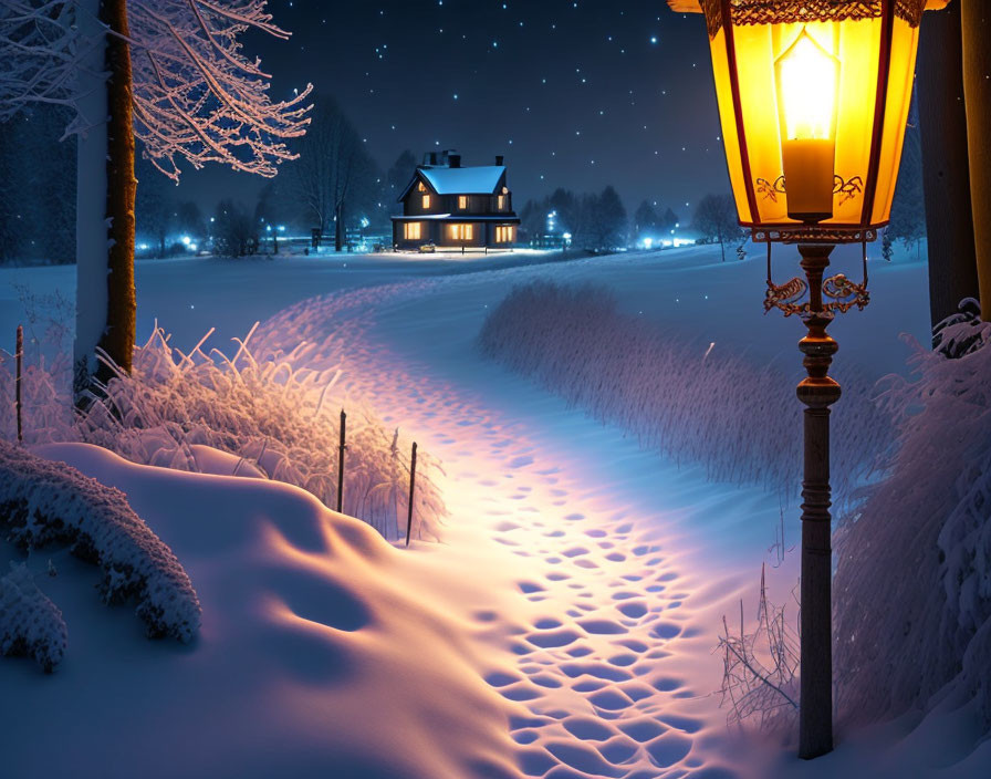 Snowy Path Leading to Cozy House in Winter Twilight