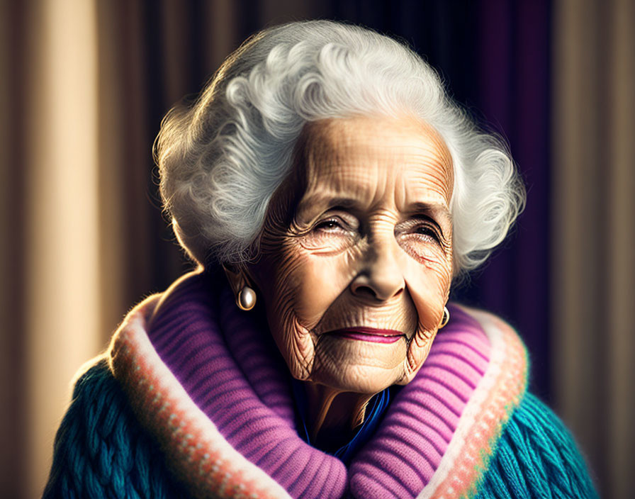 Elderly woman with white hair and striped scarf in sunlight