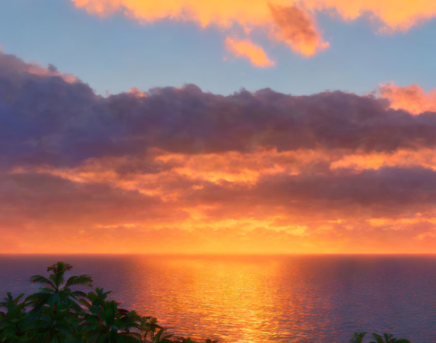 Vibrant ocean sunset with fiery orange skies and dark clouds reflecting on water.