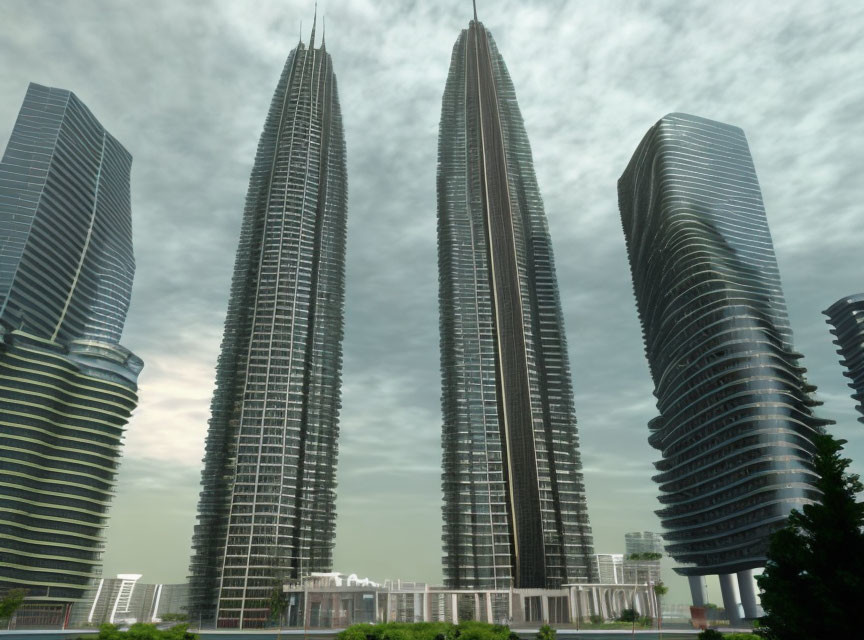 Modern urban landscape with tall skyscrapers and lush greenery