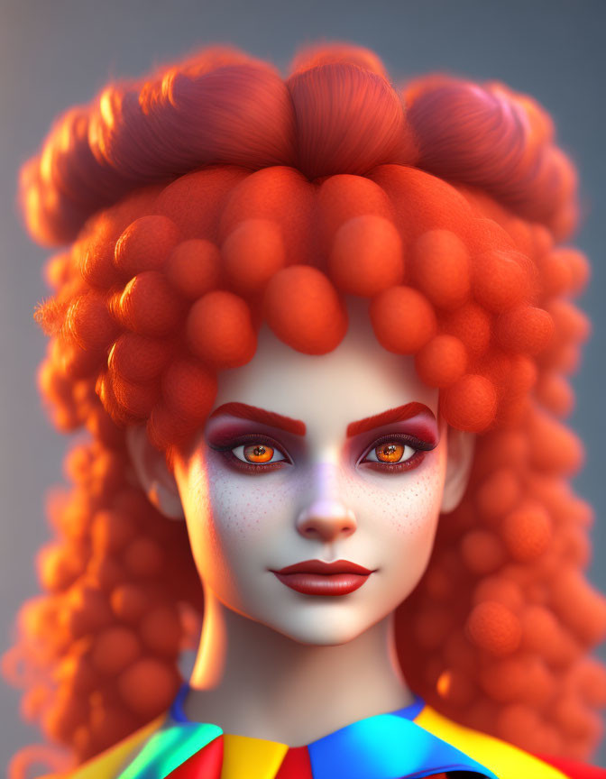 Vibrant 3D Illustration of Woman with Red Curly Hair and Colorful Outfit