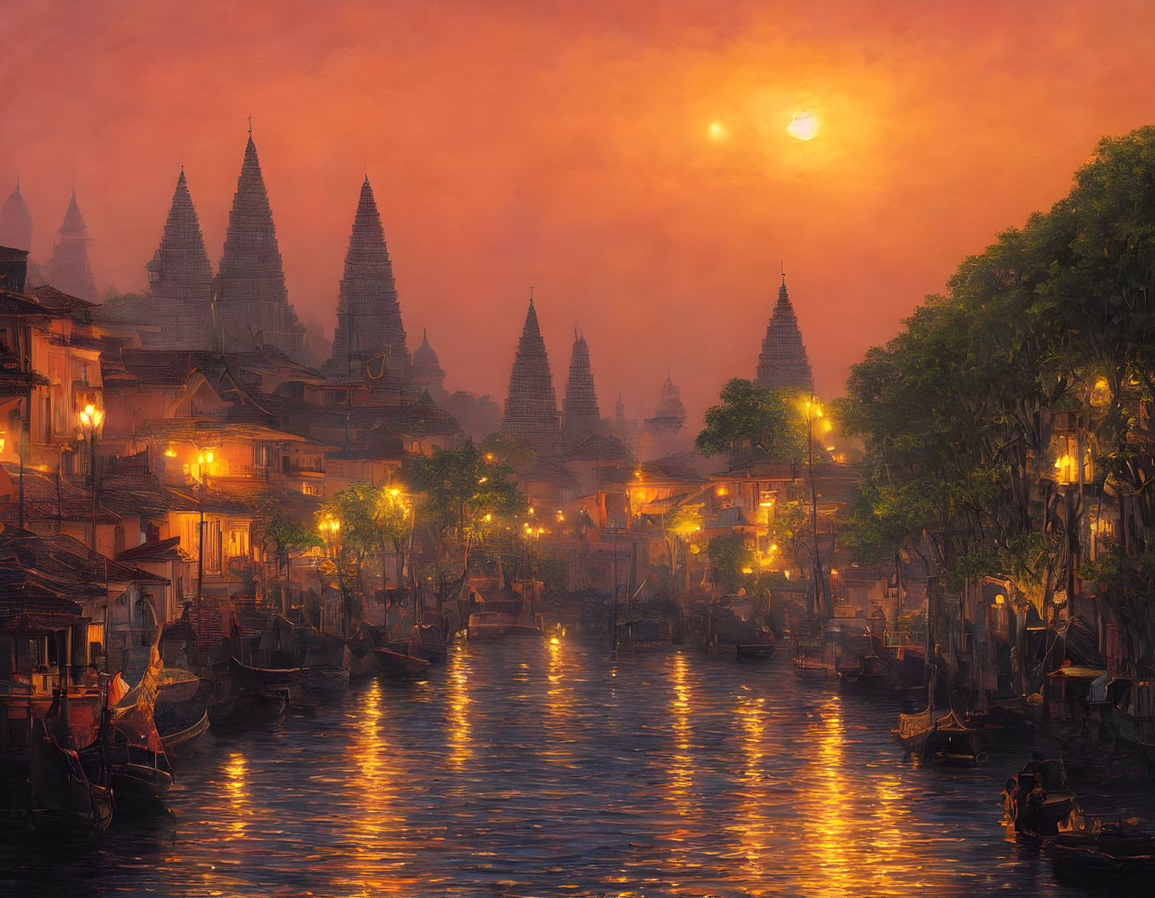 Ethereal sunset over ancient riverside town with pagodas and boats