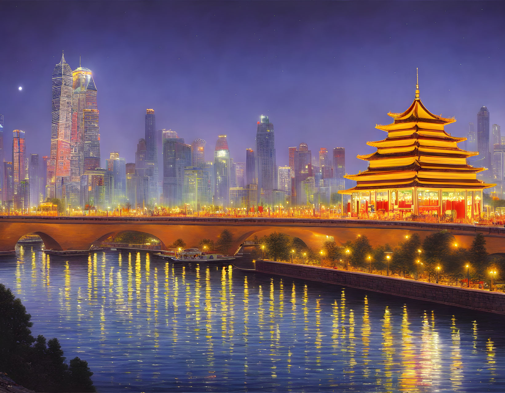 Traditional pagoda and modern city skyline at night.