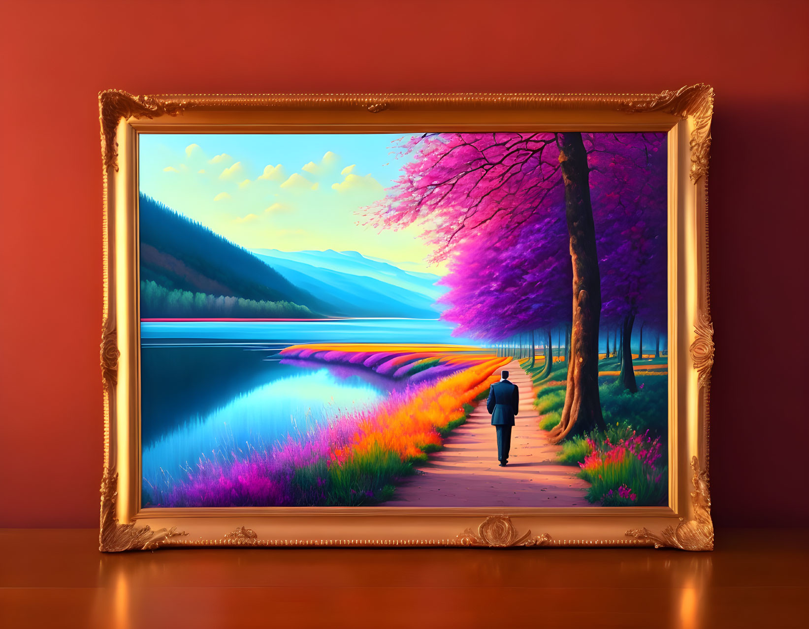 Colorful framed artwork: person walking by lake with purple trees and flowers under warm sky