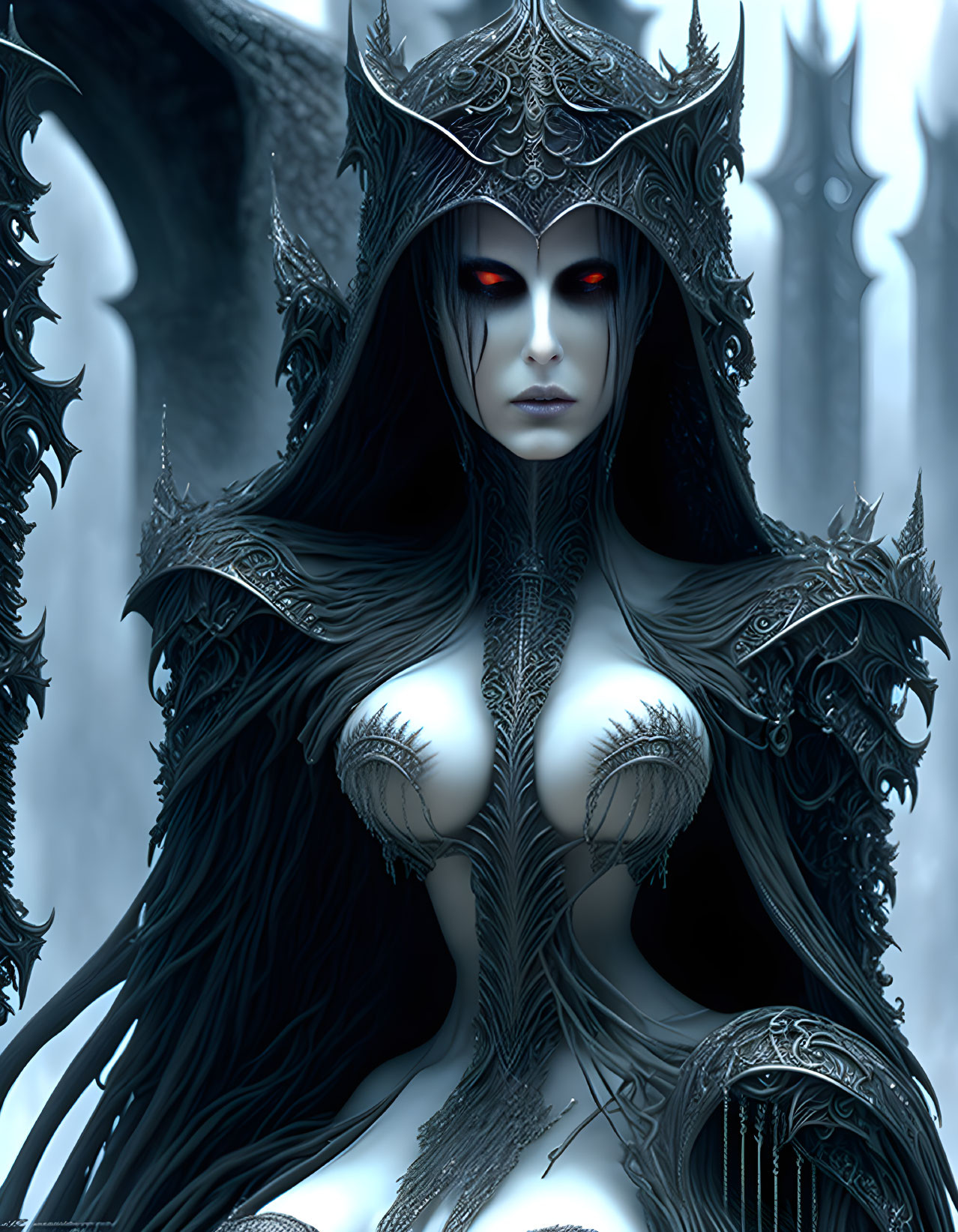 Mysterious figure with red eyes in dark crown and armor in gothic icy setting