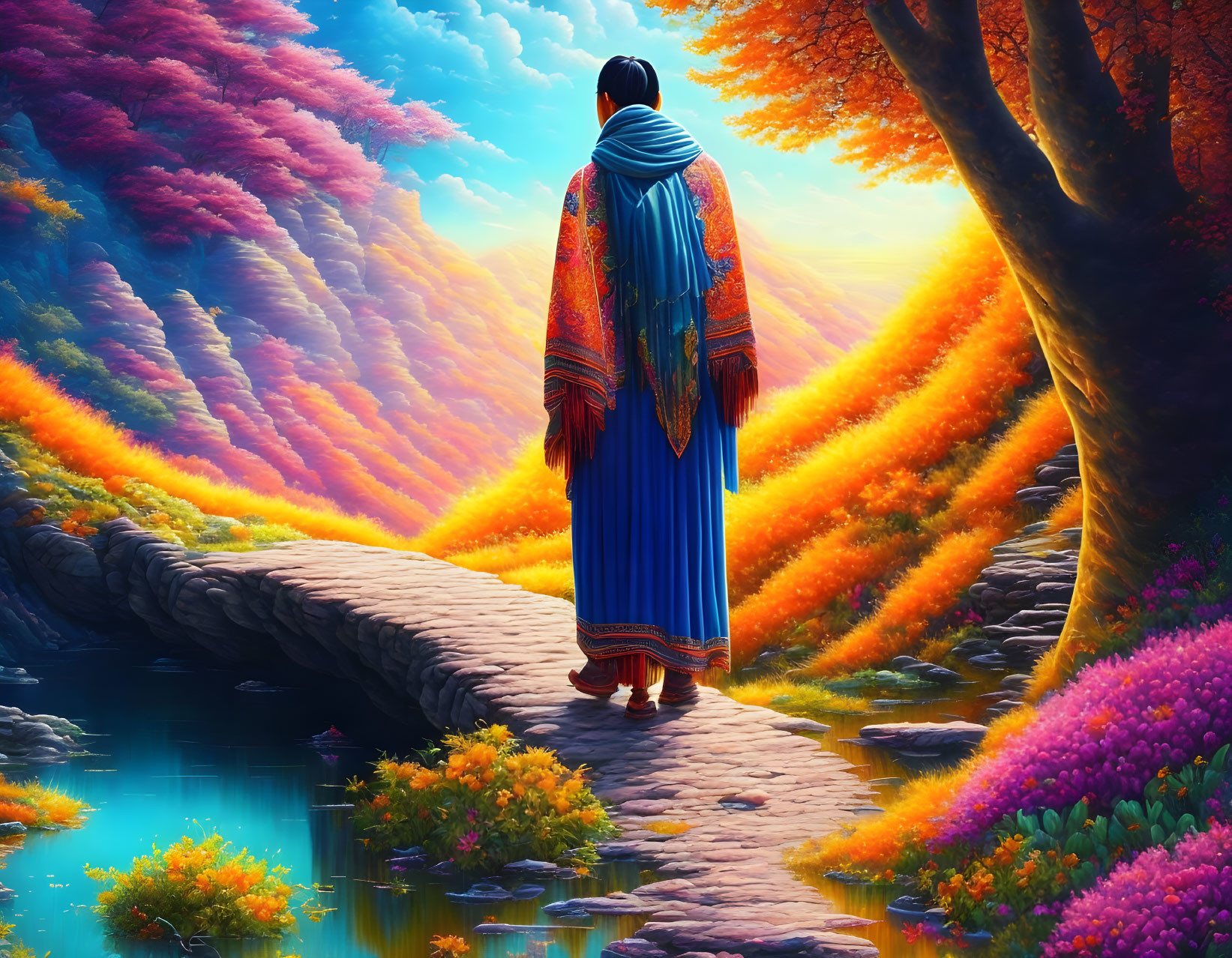 Person in Blue Shawl on Stone Bridge in Colorful Landscape