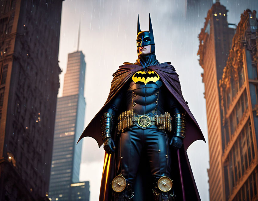 Iconic superhero in rainy cityscape with billowing cape and towering skyscrapers