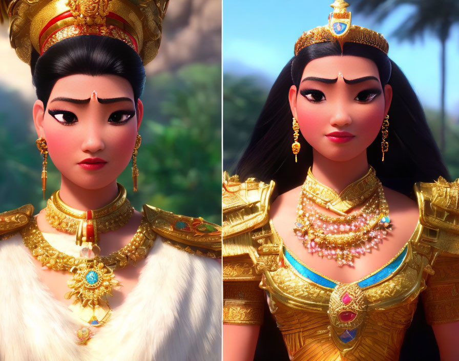 3D-animated female character portraits with gold jewelry and traditional attire against blurred natural background