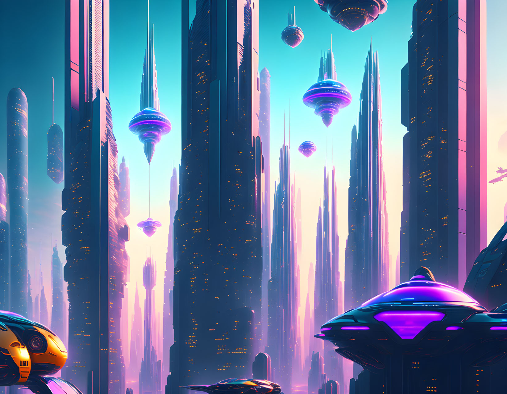 Futuristic cityscape with skyscrapers, floating vehicles, vibrant colors, and a robot.