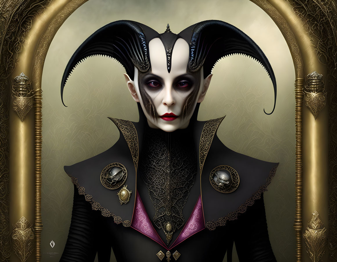 Fictional character with pale skin, black horns, and piercing eyes in dark, ornate attire